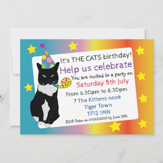 猫の誕生日パーティー招待おもしろいペットお祝い 招待状 (正面)