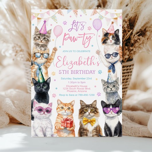 猫の誕生日パーティー招待状、子猫のテーマ (編集可能 招待状
