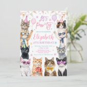 猫の誕生日パーティー招待状、子猫のテーマ (編集可能 招待状 (スタンド正面)