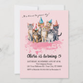 猫の誕生日パーティー、女の子と子供たち 招待状 (正面)