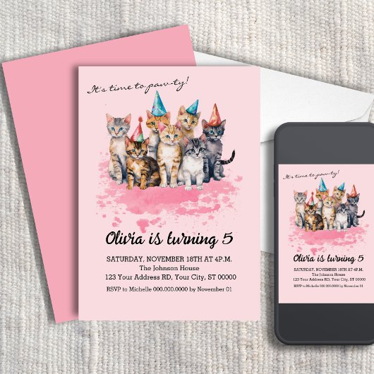 猫の誕生日パーティー、女の子と子供たち 招待状