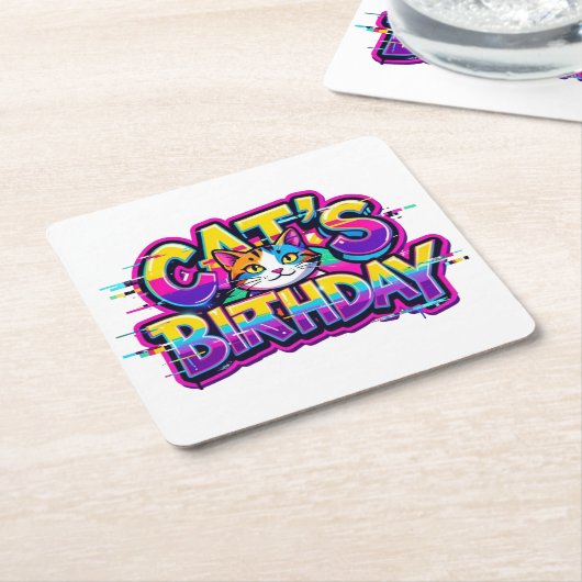 猫の誕生日レインボーグリッチ スクエアペーパーコースター (アングル)