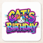 猫の誕生日レインボーグリッチ スクエアペーパーコースター (正面)