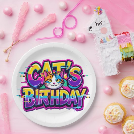 猫の誕生日レインボーグリッチ ペーパープレート (パーティー)