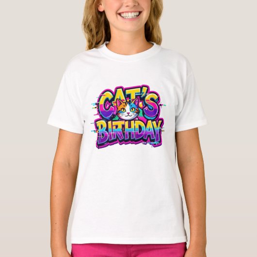 猫の誕生日レインボーグリッチ Tシャツ (正面)