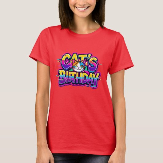 猫の誕生日レインボーグリッチ Tシャツ (正面)
