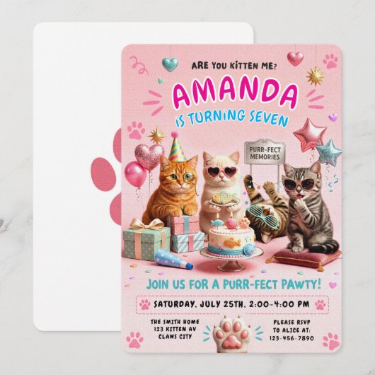 猫の誕生日 かわいい子猫のパーティー 招待状 (正面/裏面)