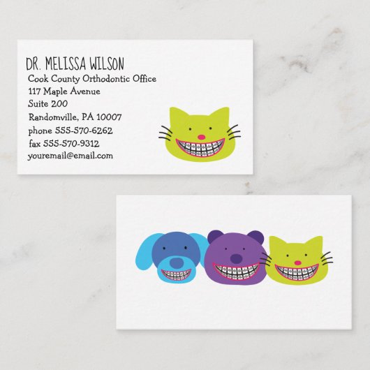 猫の身に着けている支柱のかわいい歯科矯正医 名刺 (正面/裏面)