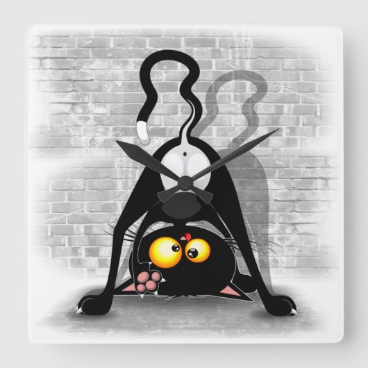 猫の逆さおもしろいのキャラクター スクエア壁時計 (正面)