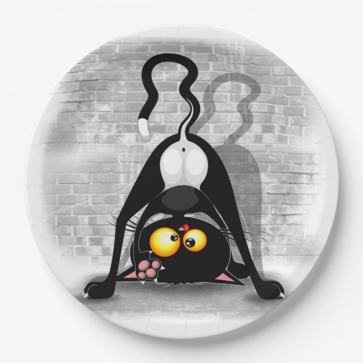 猫の逆さおもしろいのキャラクター ペーパープレート (正面)