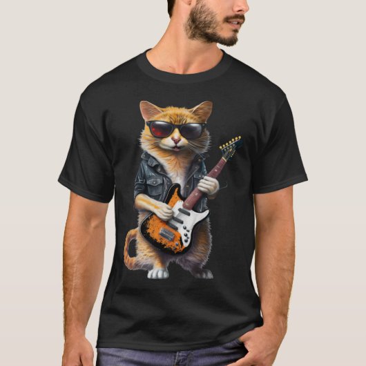 猫の遊エレキギター動物キャットギター Tシャツ (正面)