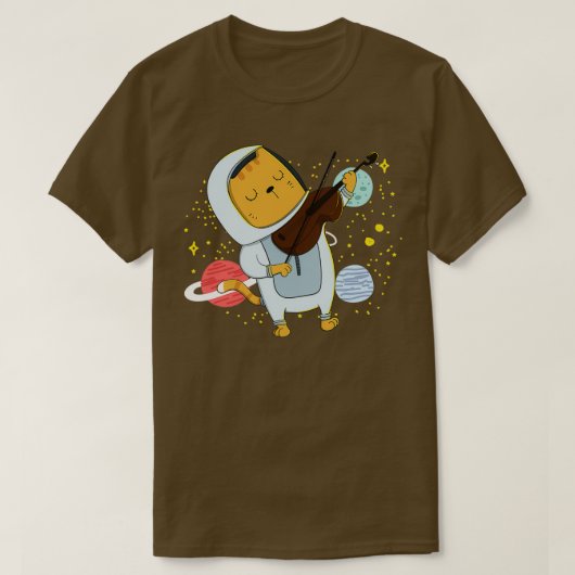 猫の遊バイオリン宇宙猫宇宙プリント Tシャツ (デザイン正面)