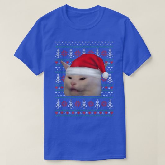 猫の醜いクリスマスのセーターを見て大声で叫ぶ女性 Tシャツ (デザイン正面)