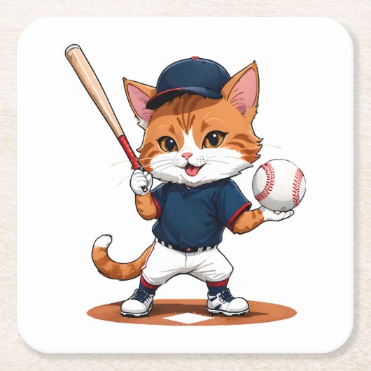 猫の野球選手 スクエアペーパーコースター (正面)