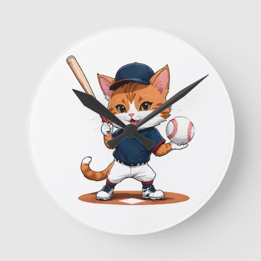 猫の野球選手 ラウンド壁時計 (正面)