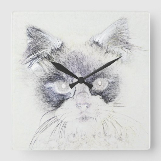 猫の鉛筆スケッチ スクエア壁時計 (正面)