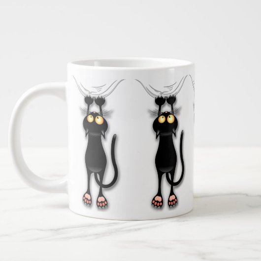 猫の面白いキャラクターが布を引っかく ジャンボコーヒーマグカップ (左)