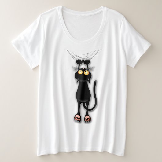 猫の面白いキャラクターが布を引っかく プラスサイズTシャツ (デザイン正面)