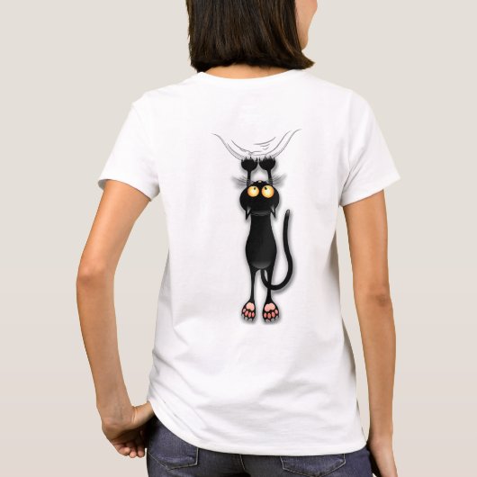 猫の面白いキャラクターが布を引っかく Tシャツ (裏面)