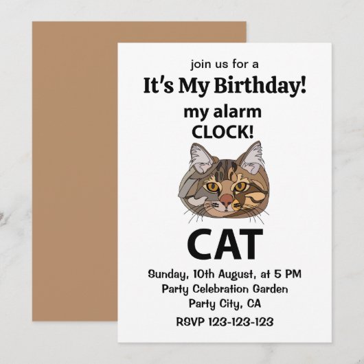 猫の顔が私の目覚まし時計 タビー猫の誕生日 招待状 (正面/裏面)