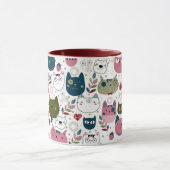 猫の顔で温緑色のティール(緑がかった色)ピンクのパターンをミュート マグカップ (中央)