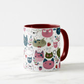 猫の顔で温緑色のティール(緑がかった色)ピンクのパターンをミュート マグカップ (正面右)