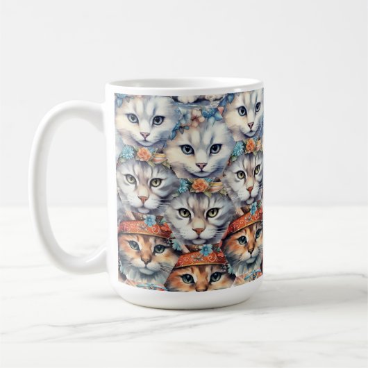 猫の顔の六角形パターン コーヒーマグカップ (左)