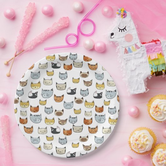 猫の顔の落書きパターン ペーパープレート (パーティー)