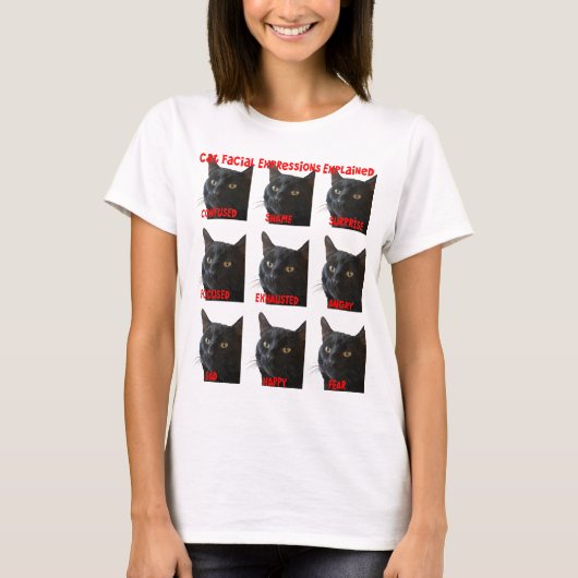 猫の顔の表情の解説チャート カットアウト Tシャツ (正面)