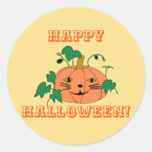 猫の顔カボチャ、葉、ハロウィーンステッカー ラウンドシール