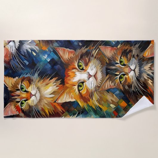 猫の顔 動物 アート ビーチタオル (正面)