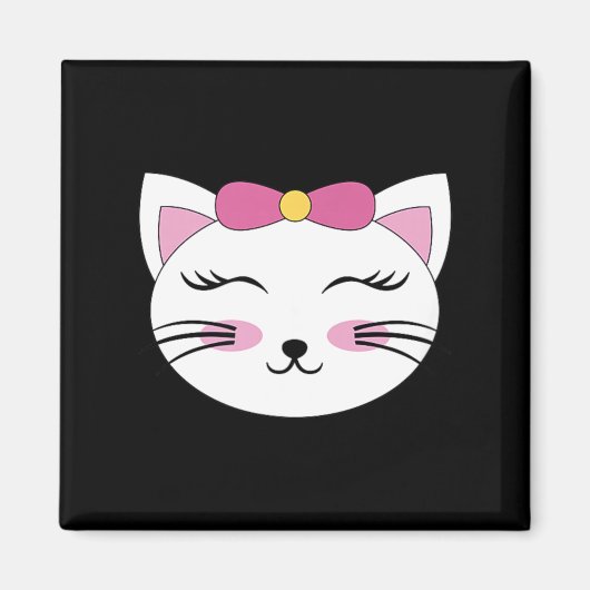 猫の顔+閉じた目+まつげ+スマイル+リボン マグネット (正面)