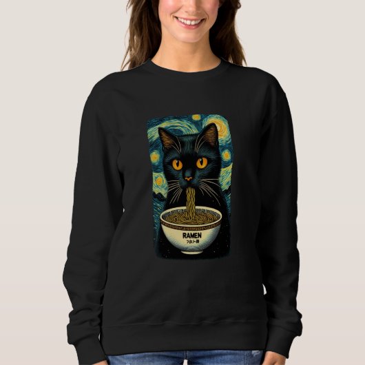 猫の食べラーメン星空の夜ファンゴッホ猫好き スウェットシャツ (正面)