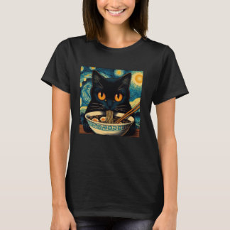 猫の食べラーメン星空の夜ファンゴッホ猫好き Tシャツ