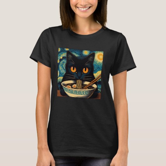 猫の食べラーメン星空の夜ファンゴッホ猫好き Tシャツ (正面)
