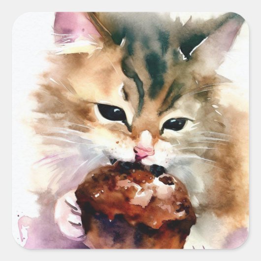 猫の食べ物カップケーキステッカー スクエアシール (正面)