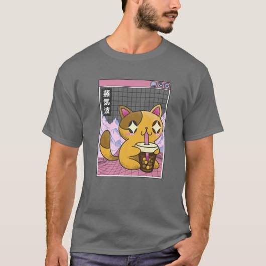 猫の飲むバブルティーボバ日本オタクアニメ80S Tシャツ (正面)