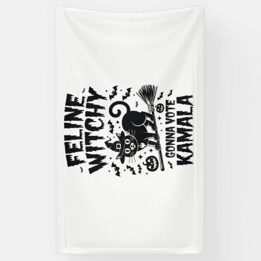 猫の魔女がカマラハロウィーンに投票 横断幕 (縦)