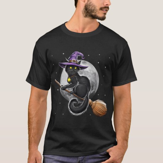 猫の魔女のほうき乗り Tシャツ (正面)