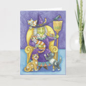 猫の魔法使いそして多くが付いているハロウィンカード カード (正面)