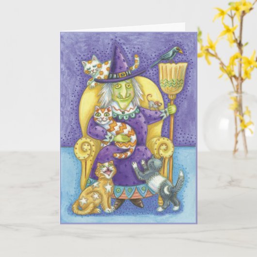 猫の魔法使いそして多くが付いているハロウィンカード カード (黄色い花)