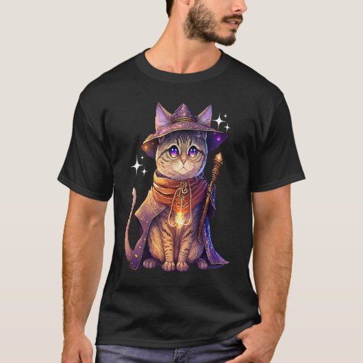 猫の魔法使い ファンタジー 魔法使い ネコ Tシャツ (正面)