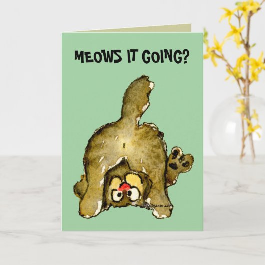 猫の鳴き声行くそれか。 漫画猫の挨拶状 カード (黄色い花)