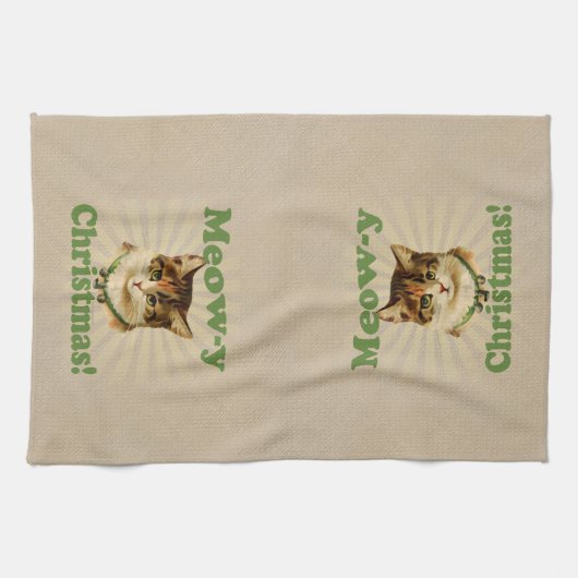 猫の鳴き声yのクリスマス、かわいい休日猫動物 キッチンタオル (横)