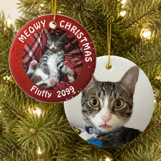 猫の"メリークリスマス" 両面2写真 赤 セラミックオーナメント