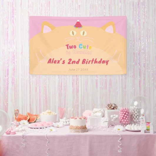 猫の「Two Cute to Handle」2歳の誕生日バナー 横断幕 (パーティー)
