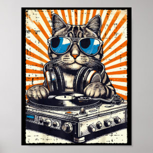 猫のDJヘッドフォンターンテーブルヴィンテージ音楽Edm男性用 ポスター