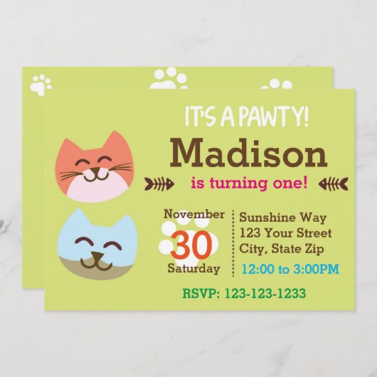 猫のPawtyの誕生日の招待状 招待状 (正面/裏面)