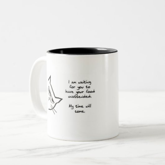 猫はあなたの食糧-おもしろいな猫のマグ--を盗むために待っています ツートーンマグカップ (正面左)