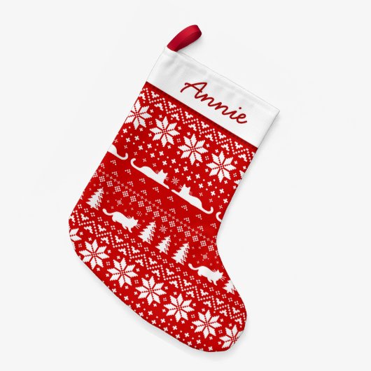 猫はかわいいクリスマスのセーターパターンのシルエットを描きます スモールクリスマスストッキング (正面 (吊り時))